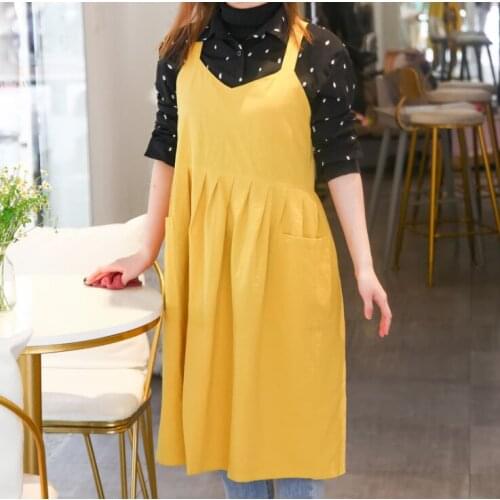 Women Cotton Linen Cross Back Apron Japanese Housework Baking Wrap with Pocket Florist Dress Solid Color Garden Kichen Apron
