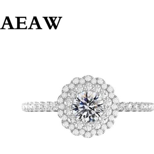 AEAW 14K White Gold Halo Moissanite Ring 1.3ctw Round Cut Brilliant Moissanite Engagement Ring for Women