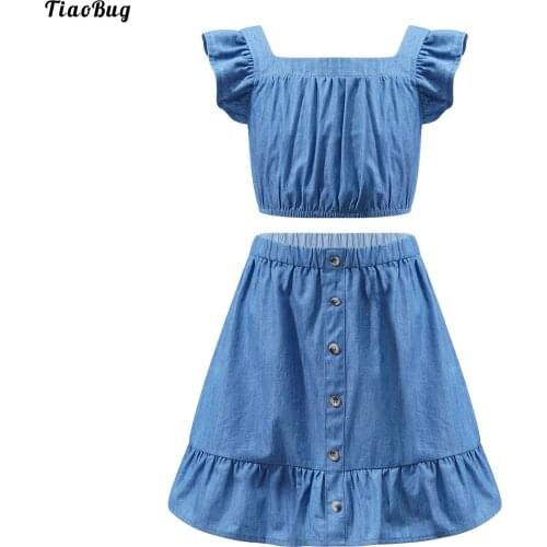 TiaoBug Summer Kids Girls Jeans Suit Denim Clothes Set Ruffle Sleeveless Square Neck Crop Top With Ruffle Hemline Button Skirt