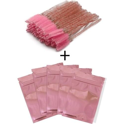2 in 1 Wholesale False Eyelash Neon Packaging Baggie with Brushes Pink Holigraphic Lashes Packing Bag Custom Logo Bulk Sale