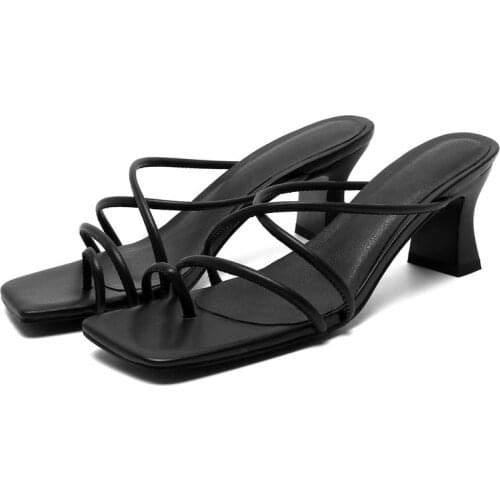 2021 New Women Sandals Fashion Gladiator Square Heels Sandals Summer Open Toe Slippers Black White