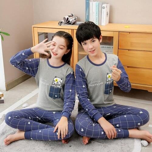 Winter Girls Boys Clothes Teenage Pajama Set 100% Cotton Pyjamas Kids Child Tshirt Pant Clothing Sets For 10 12 14 16 18 Years