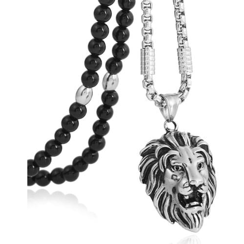Mens Stainless Steel Lion Head Pendant Necklace,Black Natural Stone Chain 26" for Men Jewelry