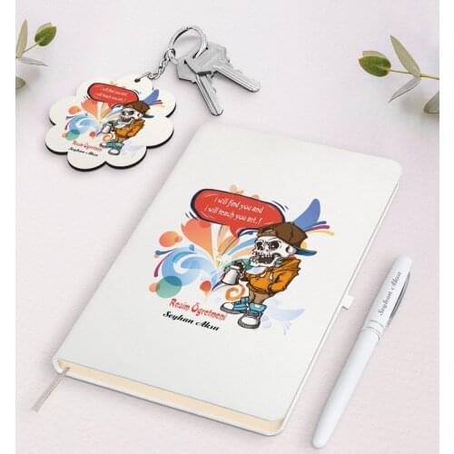 Personalized Art Teacher White Notebook Pen and Keychain Gift Seti-1