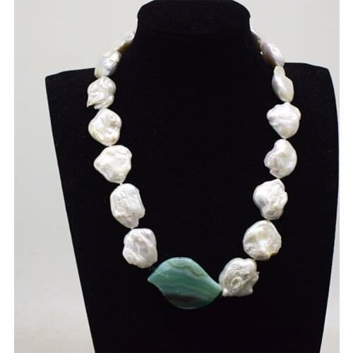 Freshwater pearl flat baroque white reborn keshi +green agate necklace 50cm wholesale nature beads FPPJ 25cm