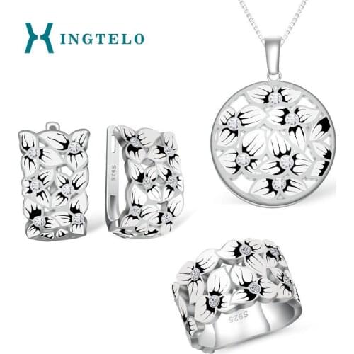 XINGTELO 925 Sterling Silver Jewelry Set for Women White Cubic Zirconia Enamel Earrings Ring Pendant Chain Silver Set