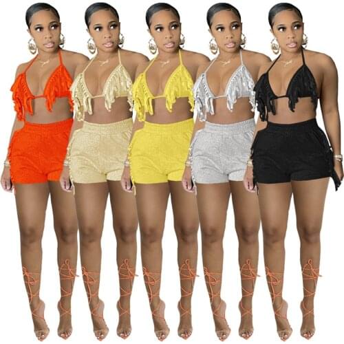 Adogirl Women Sexy Tassel 2 Piece Set Lace Up Bra Top And Pockets Straight Shorts Casual 2021 Summer Beach Holiday Tracksuit