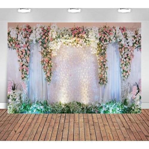 Wedding Backdrops for Photography White Stage Curtain Decorated with Pink Rose Flowers Photography Background