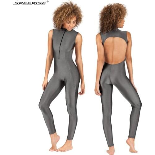Adult Mock Neck Gymnastic Lycra Spandex Unitard Bodysuit Turtleneck Nylon Tank Unitard Zipper Front Open Back Bodysuit Unitard