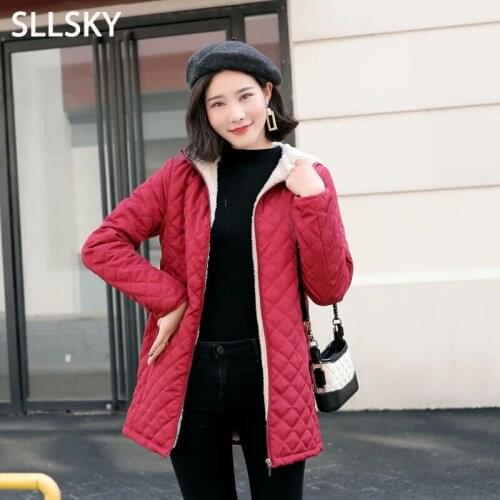 SLLSKY Women Long Parkas Coat Long Sleeve Hooded Cotton Basic Jacket 2019 Winter New Style Casual Plus Velvet Lamb Outerwear