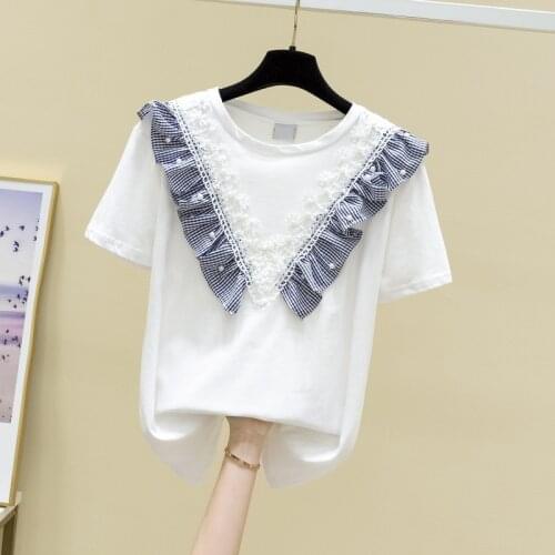 Beaded Lace Patchwork Women T-Shirts Summer New Design 2021 O-Neck Short-Sleeved Elegant Office Lady Pulls Tops Tees