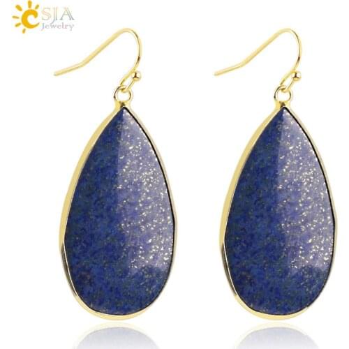 CSJA Gold Color Water Drop Dangle Earring Yellow Pink White Hook Earrings Natural Stone Lapis Lazuli Women Jewellery Gift E262