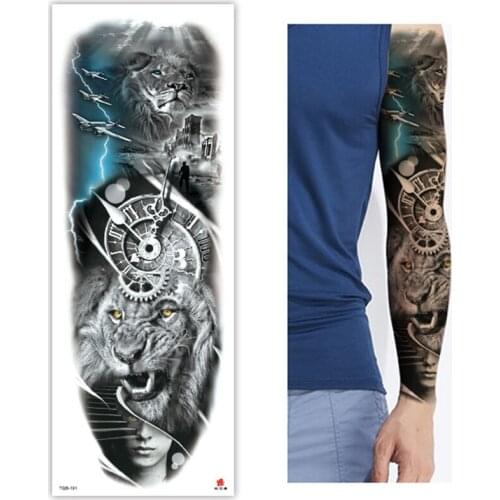Large Arm Sleeve Tattoo Airplane Lion Clock Waterproof Temporary Tatoo Sticker Fish Lotus Waves Men Full Skull Totem Tatto
