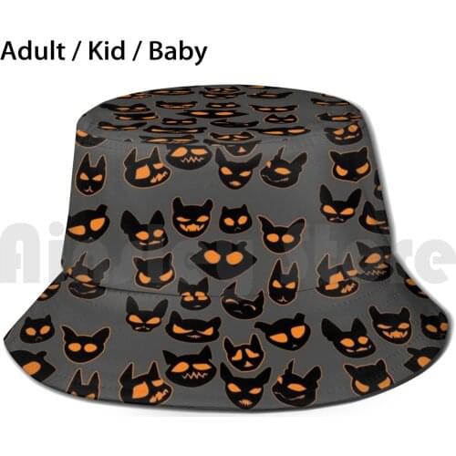 Halloween Cats\ Bats - Orange On Dark Sun Hat Foldable UV Protection Halloween Cats Spooky Boo Trick Or Treat Halloween