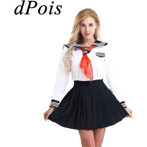 Women Girls Japanese Sailor Rple Play Suit Cosplay Costume High School Student Uniform Long Sleeve Shirt and Pleated Mini Skirt
