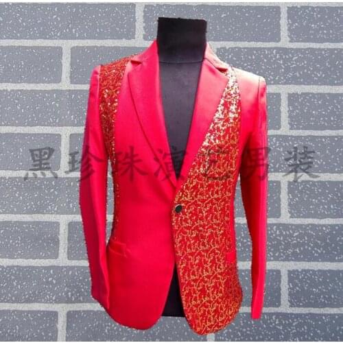 Red men suits designs masculino homme terno stage costumes for singers men sequin blazer dance clothes jacket star style rock