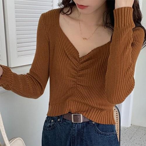LJSXLS 2021 Autumn Ruched V Neck Sweater Knitted Casual Women Sweaters Winter White Tops for Woman Pullover Jumper Pull Femme