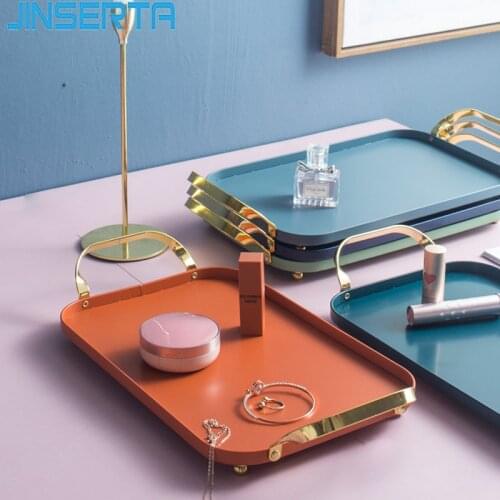 JINSERTA Metal Storage Tray Jewelry Display Plate Cosmetic Organizer Luxury Tea Coffee Tray Desktop Sundries Tray with Lid