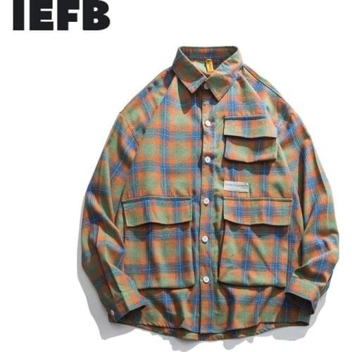 IEFB /can ship mens waer 2021 spring fashion new design Tide many Pocket Lattice Shirt for Male loose large size tops 9Y819
