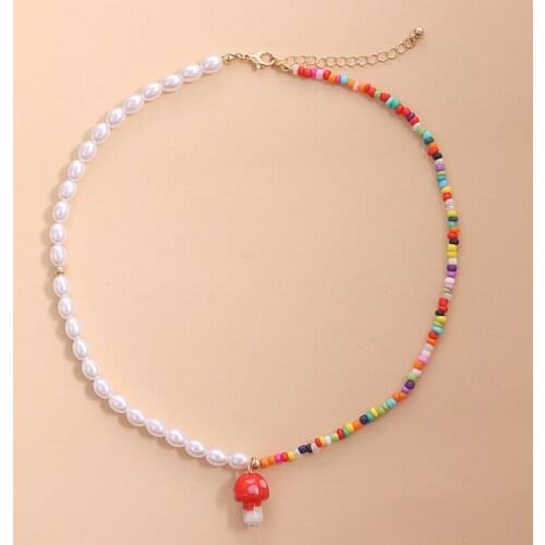 Origin Summer Korean Pearl Red White Rice Beads Asymmetric Chokers Necklace for Women Trendy Glass Mushroom Necklace Jewelry