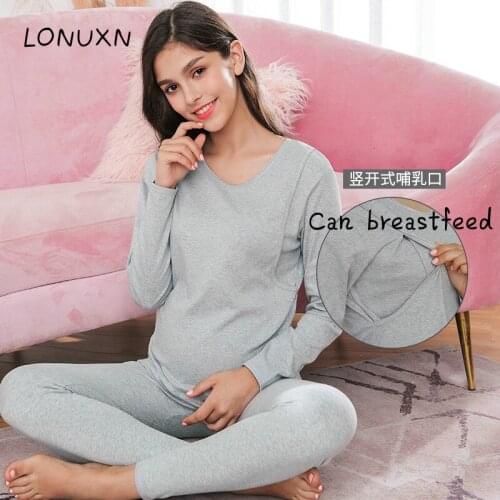 Breastfeeding Maternity Pajamas Cotton Maternity Nursing Clothes for Pregnancy Women Long Sleeve Top+Pants 2Pcs Sleepwear Sets