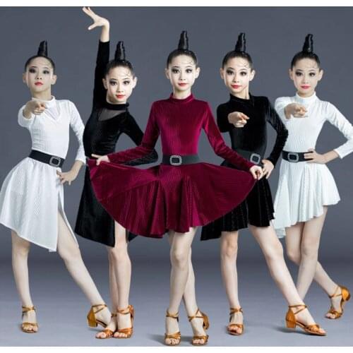 2020 New Children Latin Dance Dress Girls Autumn Winter Velvet Long Sleeve Latin Costumes Performance Competition Clothing