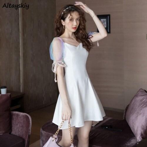 Short Sleeve Dress Women Summer Holiday All-match Simple Fashion Party Puff-sleeve Comfortable Elegant White Leisure Sundress