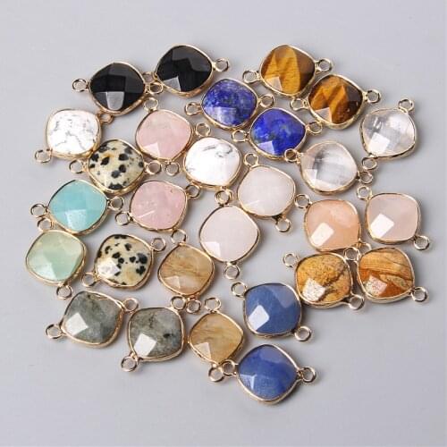 2Pcs Double Hole Natural Agates Tiger Eye Labradorite Quartz Stone Connector Charm Golden Plated Pendant for Jewelry Making 14mm