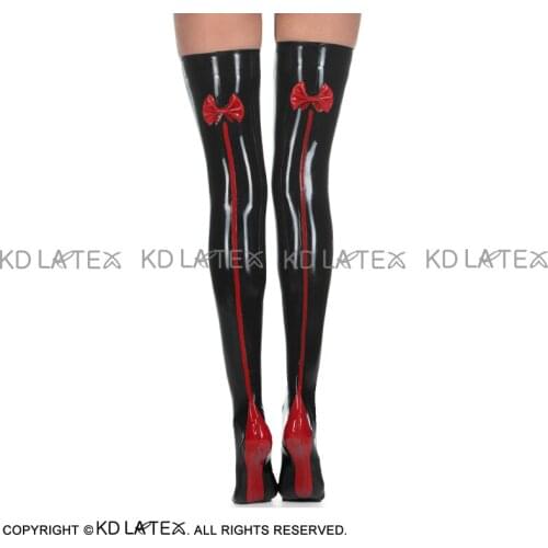 Sexy Long Latex Stockings With Bows And Stripes At Back Rubber Thigh High Stockings WZ-0044