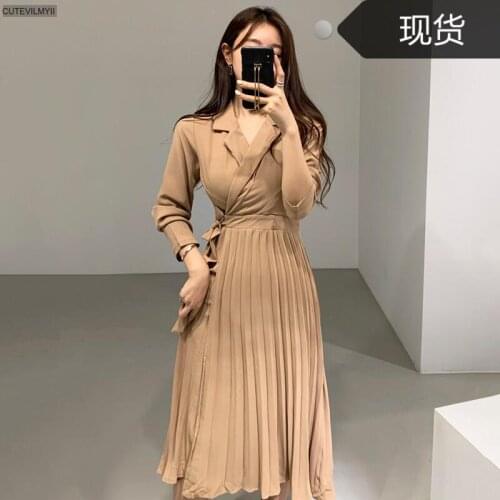 Chic Korean Office Lady Chiffon Pleated Vestidos Women Notched Collar Long Sleeve Slim Waist Lace-up Work Shirt Blazer Dress