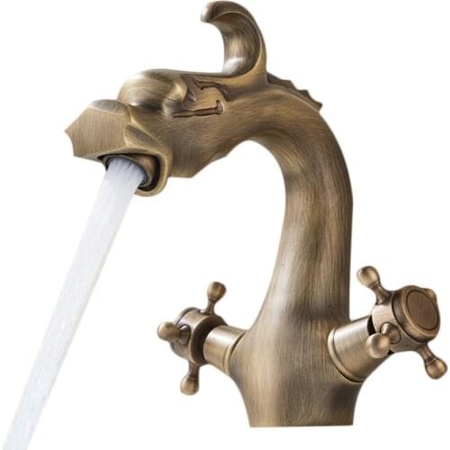 Bathroom Antique Brass Faucet Dual Handle Chinese Dragon Lavatory Sink Basin Mixer Taps Deck Mounted One Hole Waterfall Basin