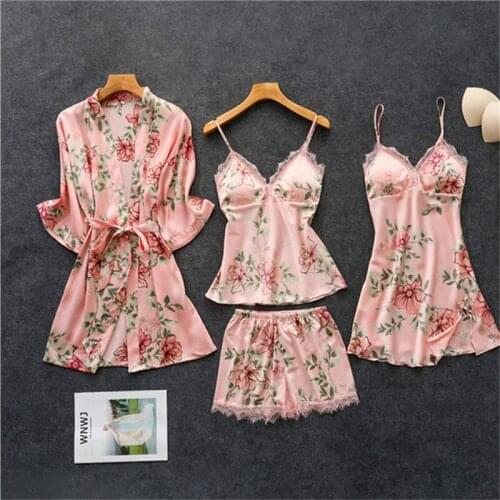 Spring Summer Women Silk Pajamas Sets With Chest Pads Flower Print Pijama Sleepwear 4 Pieces Spaghetti Strap Satin Pyjamas