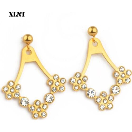 XLNT Gold Stainless Steel Flower Crystal Drop Earrings For Women Earrings Wedding Simple Fashion Jewelry Trend Accessories