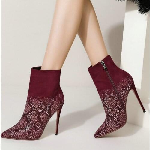12CM Thin Heel Ankle Boots Women Fashion Sexy Party Dress Snake Boots Female Pointed Toe Faux Suede Short Boots Plus Size 43
