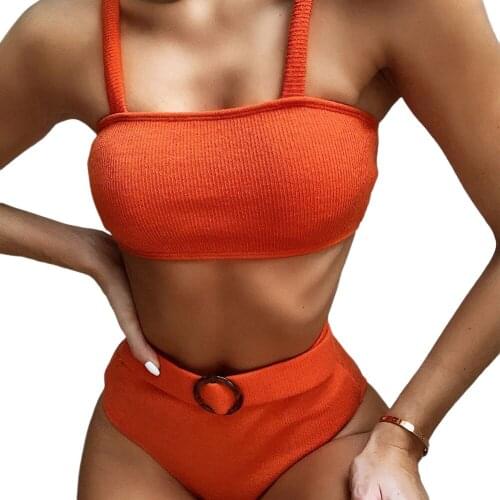 Women Solid Two-Pieces Suit Bikini Fashion Sexy Knitted Spaghetti Sling Padded Bra Thong Set Swimwear Women Beach Swimming Set