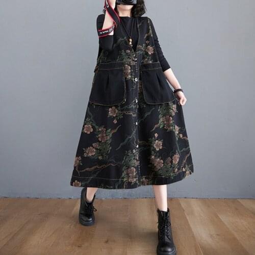 Plus Size Women Dress Vintage Elegant Lady Vestido Sleeveless Floral Print Denim Vest Spring Jeans Dresses Big Pocket Clothing
