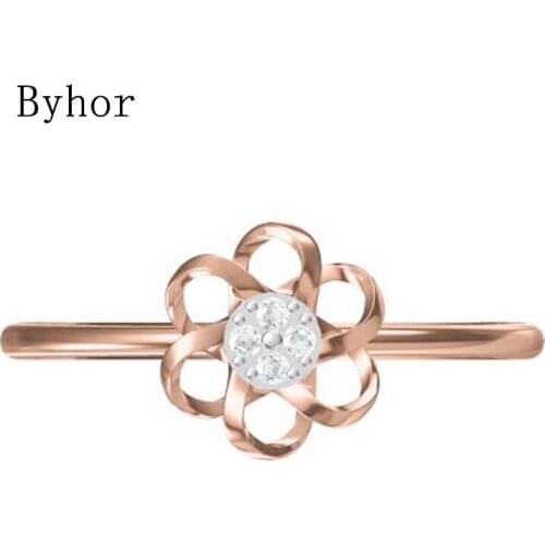 Byhor Solid 14K White+Rose Gold 0.032ct H/SI Natural Diamonds ring Women Fine Jewelry Trendy Engagement gift кольцa Flower Ring