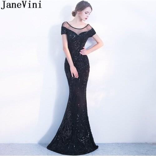 JaneVini Galajurken Lang Black Mermaid Prom Dresses 2019 Long Illusion Neck Elegant Sequins Evening Formal Gowns Gala Jurk Dress