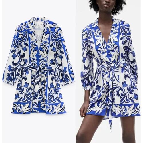 Za Summer Floral Print Blue Shirt Dress Women 2021 Vintage Long Sleeve Belted Office Lady Buttoned Pleat Mini Female Dresses