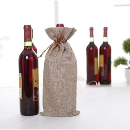 Jute Wine Bags 100pcs 5.9x13.7inches Gold Thread Drawstring Single Bottle Linen Gift Bags Customized logo Xmas New Year Bag