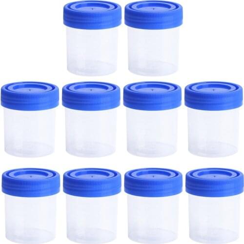 10 PCS Urine Container Specimen Cup Sample Bottle 40ML Vol Molded Graduation ML And Oz PP EO Sterile Blue Cap Plastic Cups