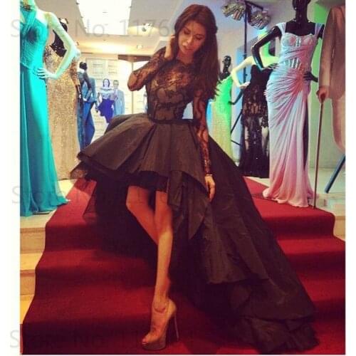 2015 Fashion Black Bateau Lace Bodice Long Sleeve Short Front Long Back High Low Prom Dresses