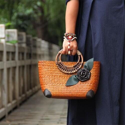 29x19CM Handmade Straw Bag Thai Rattan Straw Bag Seaside Vacation Beach Bag Woven Women Handbag Rattan Bag a6103
