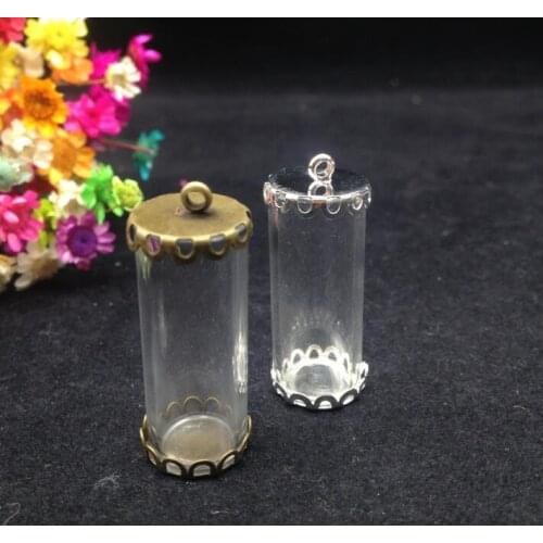 50sets/lot 28*12mm wholesale clear tube shape glass bottle with opening glass globe jewelry vial diy pendant necklace findings