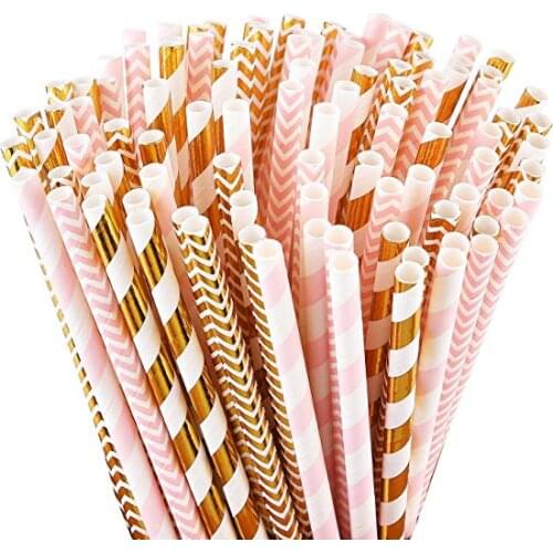 500pcs Pick Colors Striped Chevron Zig Zag Light Pink Gold Foil Drinking Paper Straws,Wedding Baby Bridal Shower Birthday Party