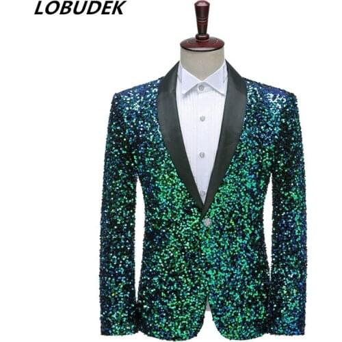Shiny Green/White Sequins Blazer One Button Shawl Lapel Suit Coat Banquet Host Bar Nightclub Singer Magician Performance Blazers