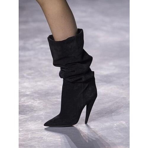 Boots Spring Winter 2020 Featuring Pointy Toe Spike Heel Slouchy Slip On Mid-Calf Suede Boots Pleated Runway Women Boots Winter