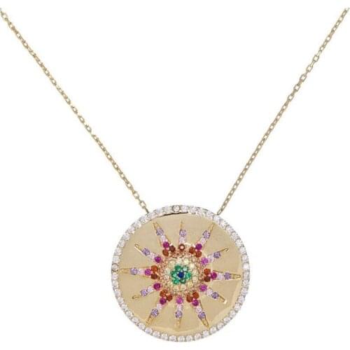 CZ sun flower round coin Pendant necklaces for women rainbow cz disc engrave star starburst geometric trendy fashion jewelry