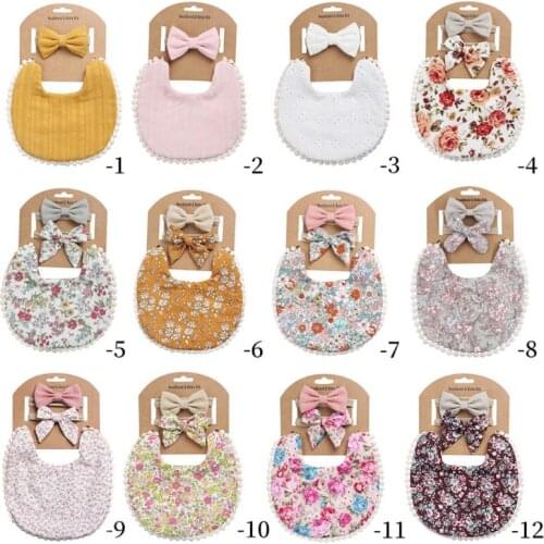 24BE Baby Headbands+Tassel Saliva Towel Kit Newborn Photography Props Floral Print Double Side Bibs Bandana Burp Cloths Feeding