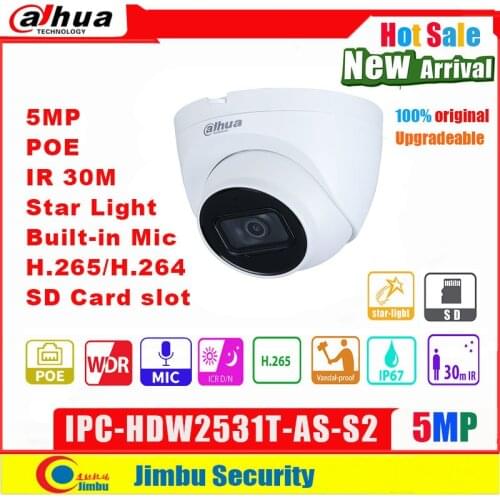 Dahua Original 5MP IP Camera POE IPC-HDW2531T-AS-S2 Eyeball Built-in Mic H.265 IR30m Surveillance Camera Security Monitor Lite